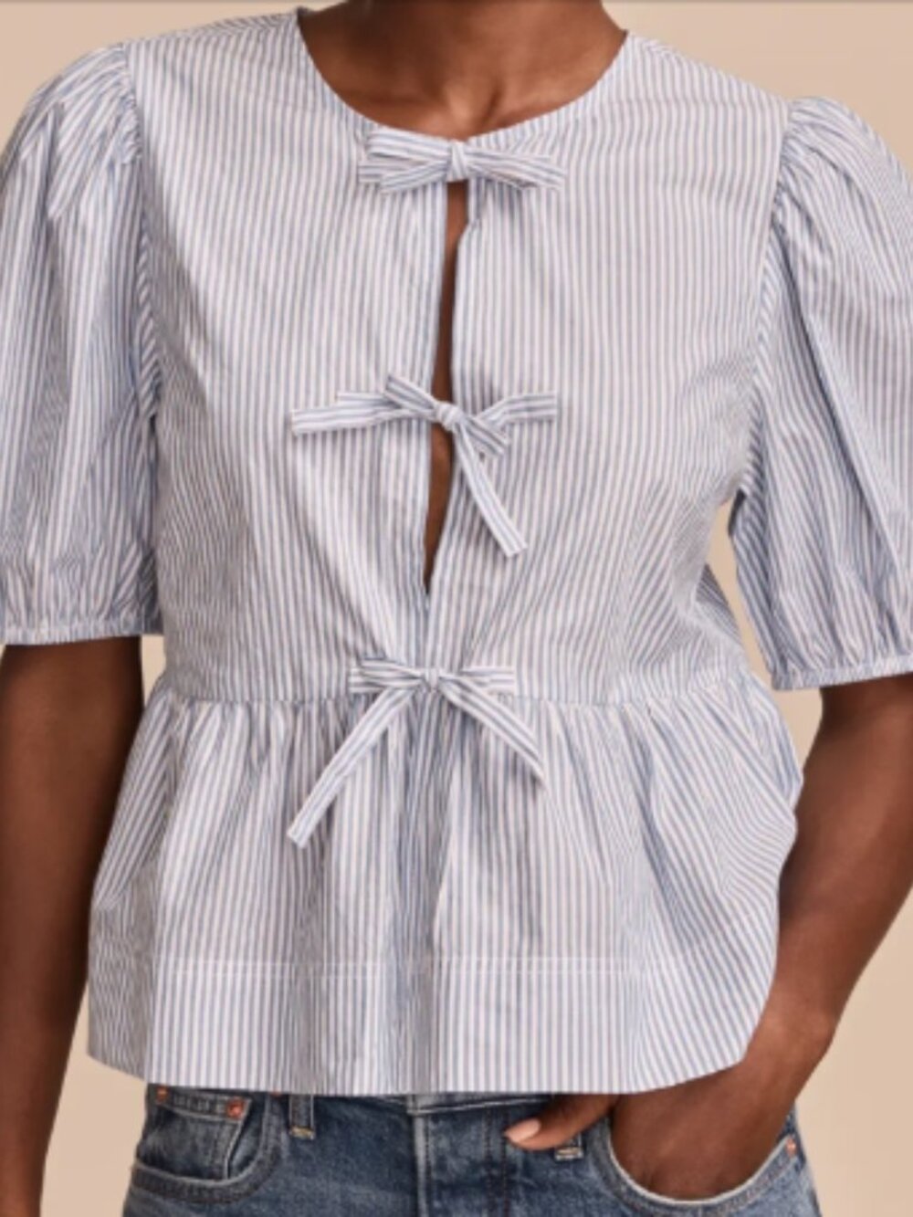 NWT Lucky Brand Tie Front Baby Doll Blouse, blue/white stripe, size M